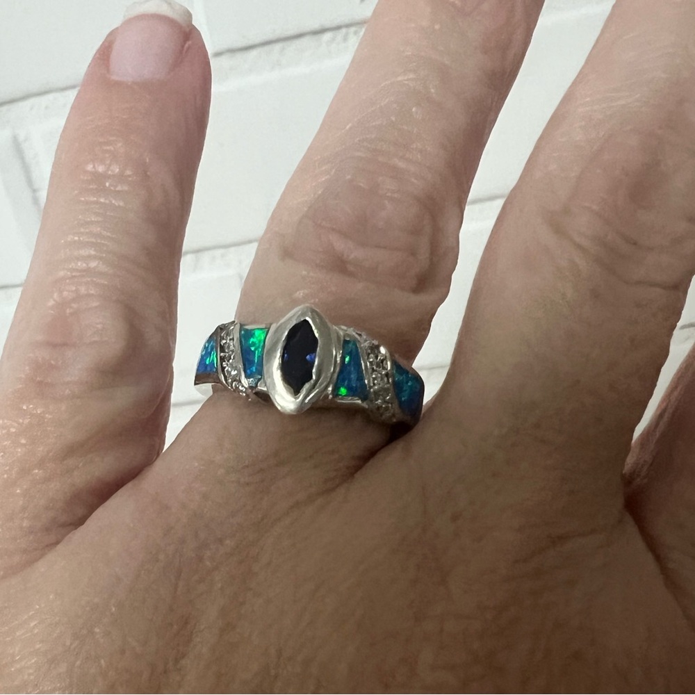 Marquise Blue Topaz, lab created Blue Fire Opal Sterling Silver Ring Size 6